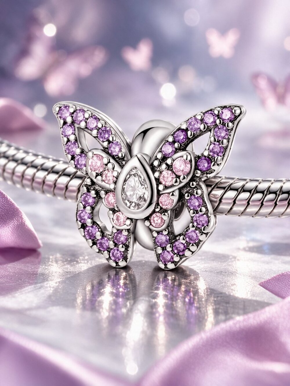Fashion Jewelry Butterfly Bracelet Charm in Purple and Pink